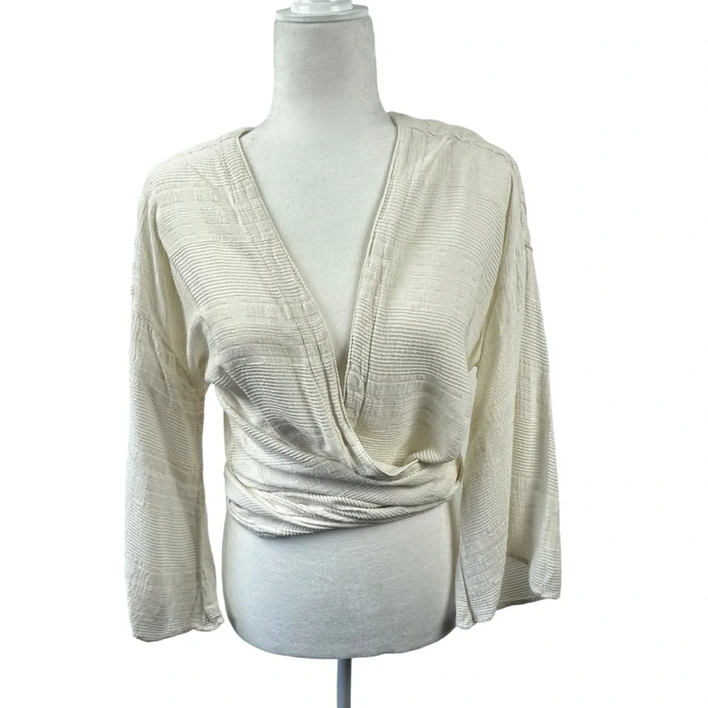 NSF Off‎ White X-Small P Long Sleeve Cardigan Wrap Top Textured Hook & Eye Tie